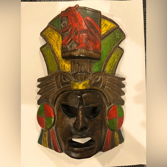 Vintage Mayan/Aztec Hand Carved Wood Mask Mexico Jaguar